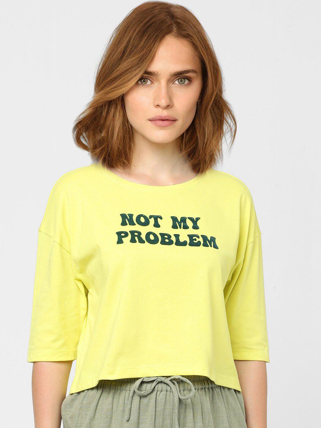 vero moda women yellow & green typography printed drop-shoulder sleeves cotton t-shirt