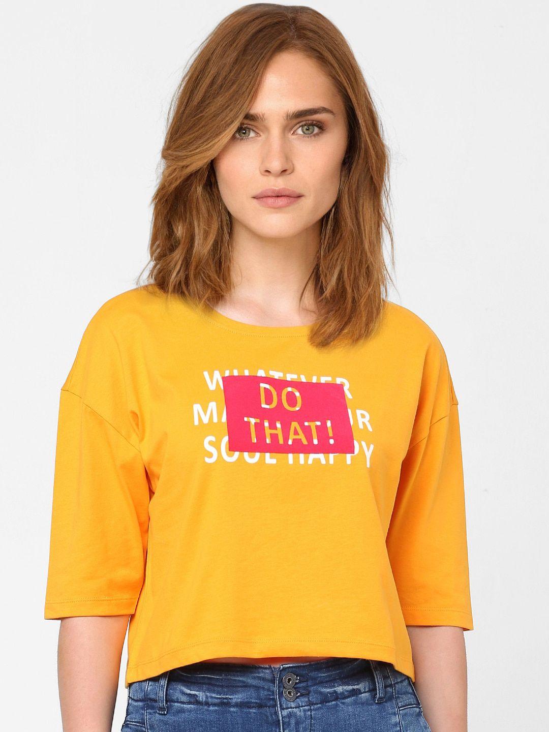 vero moda women yellow & white typography printed t-shirt