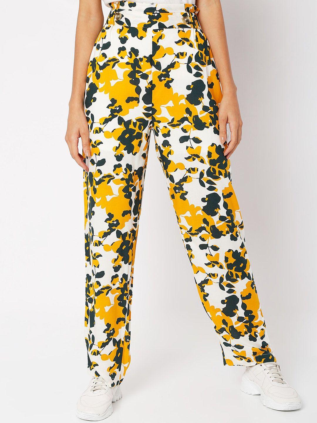 vero moda women yellow floral printed high-rise trousers