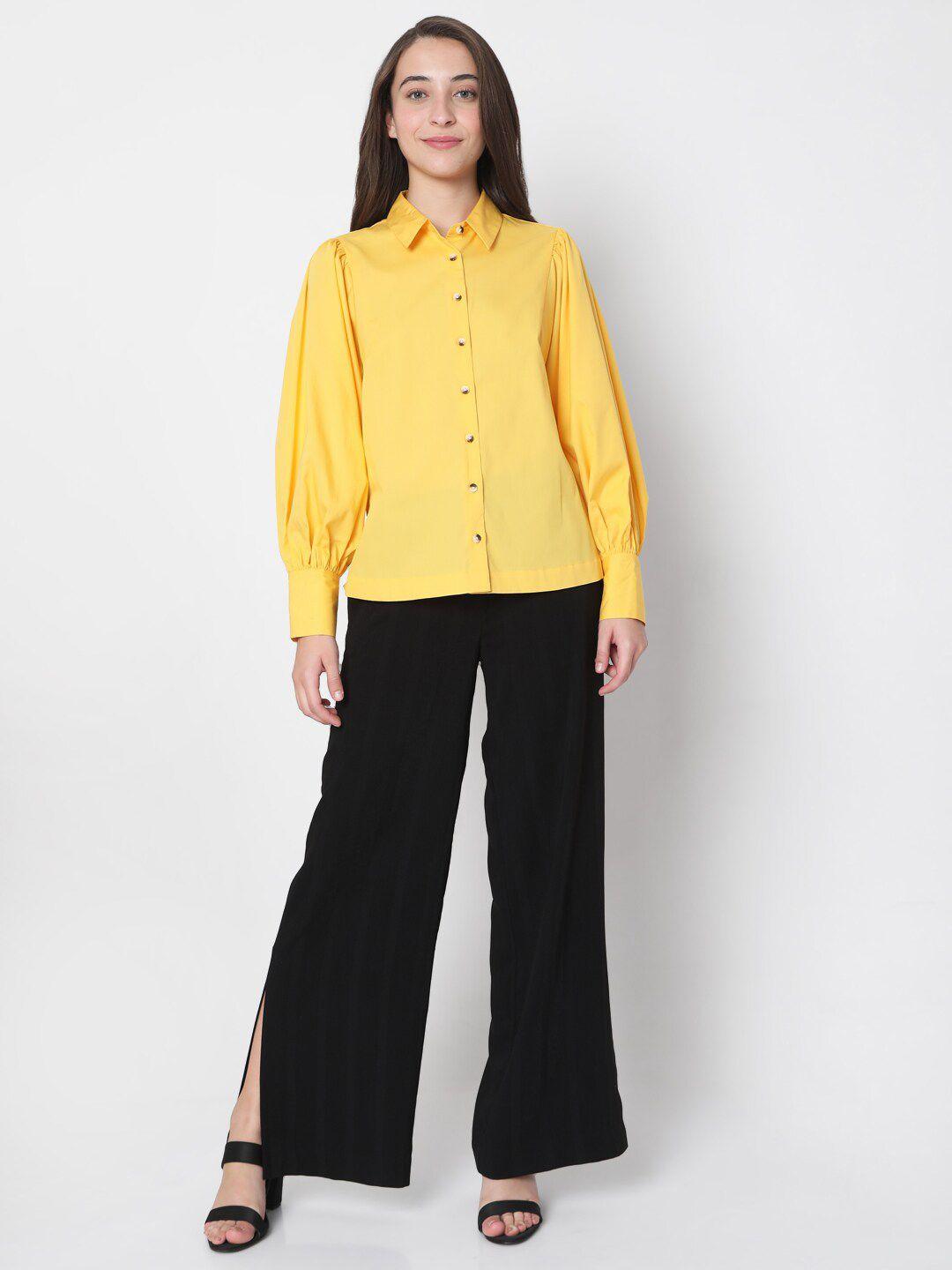 vero moda women yellow solid regular-fit casual shirt