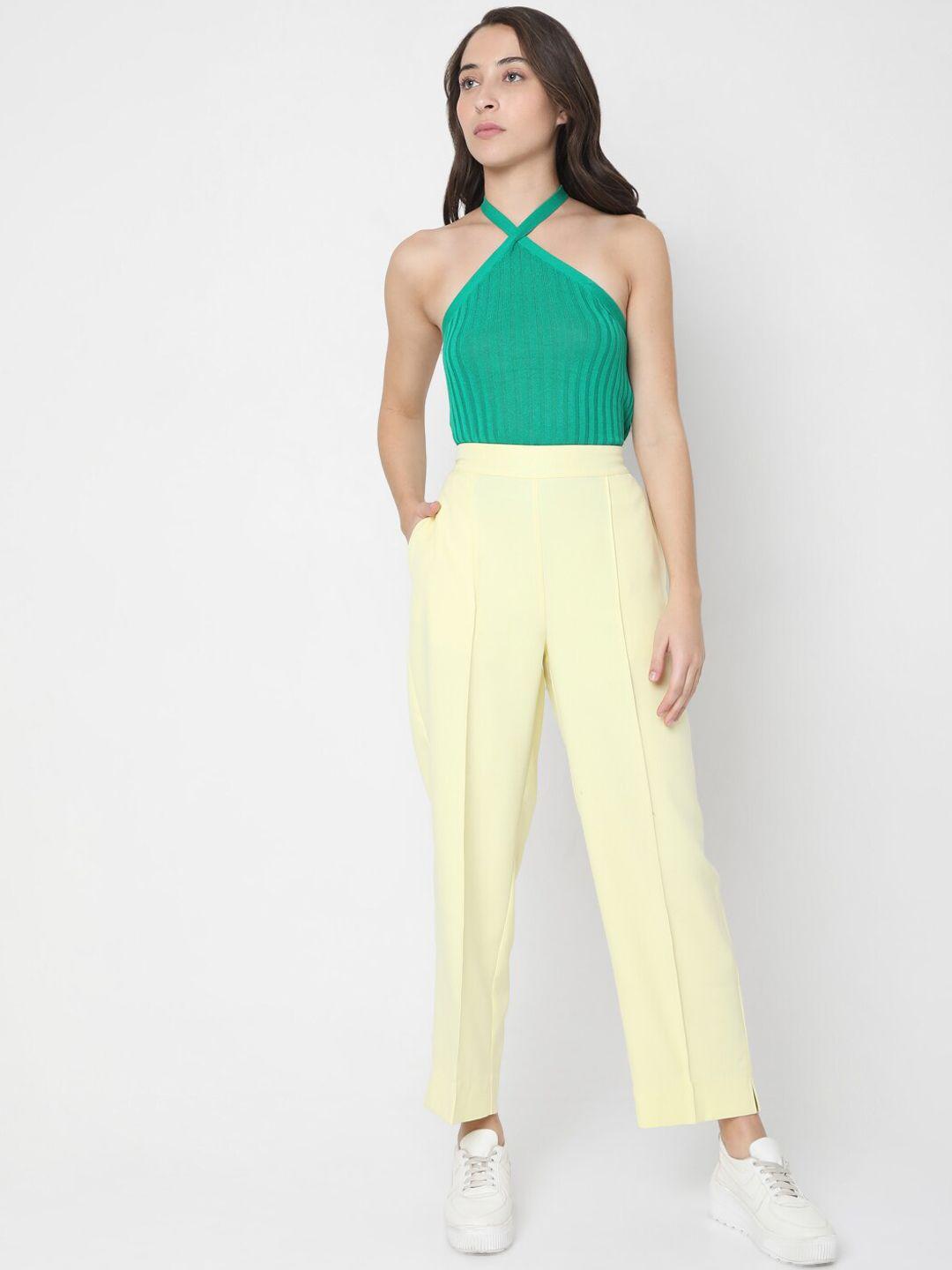 vero moda women yellow straight fit high-rise trousers