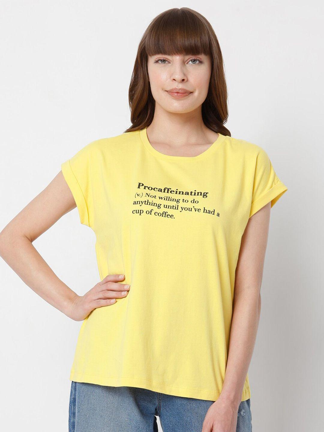 vero moda women yellow typography printed extended sleeves cotton t-shirt