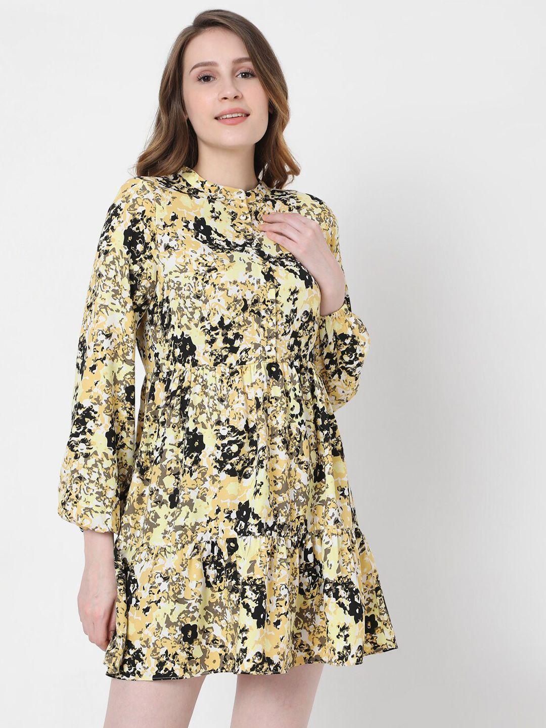 vero moda yellow & black abstract printed mini fit & flare dress