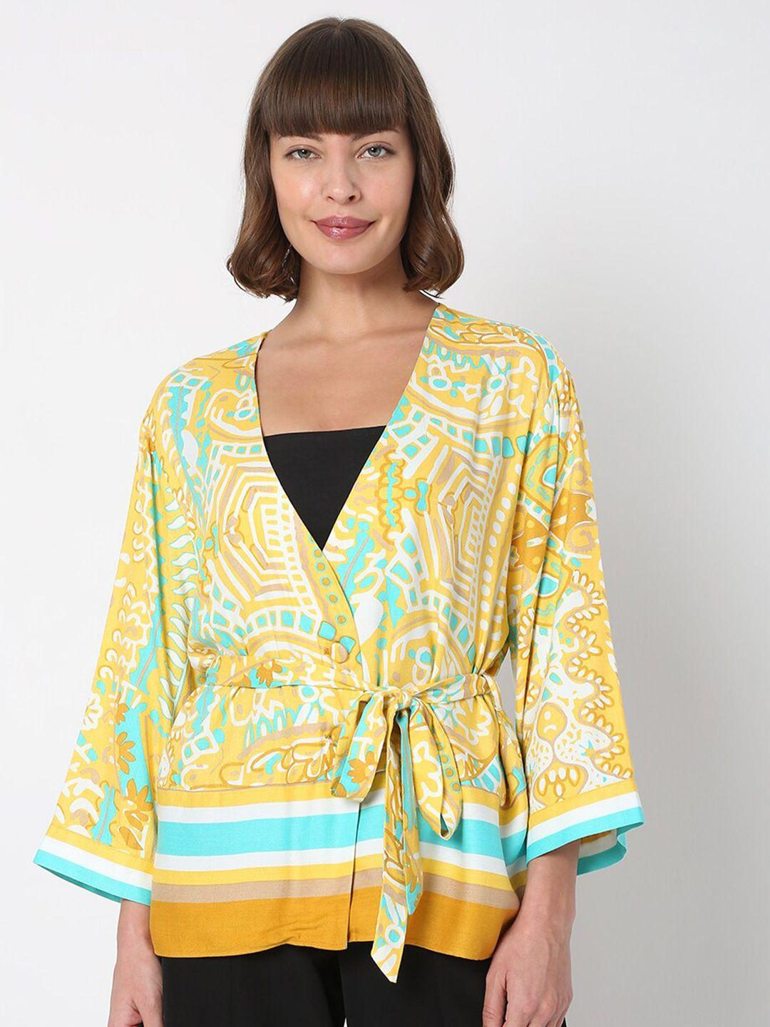 vero moda yellow & blue floral print wrap top