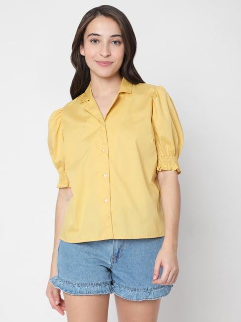 vero moda yellow half sleeves cotton shirt