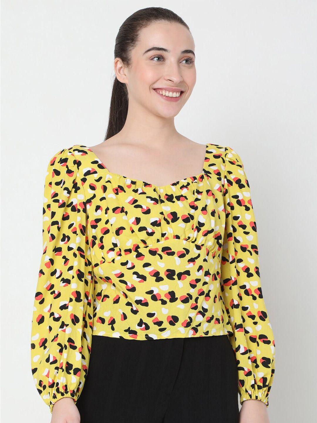 vero moda yellow print sweetheart neck top