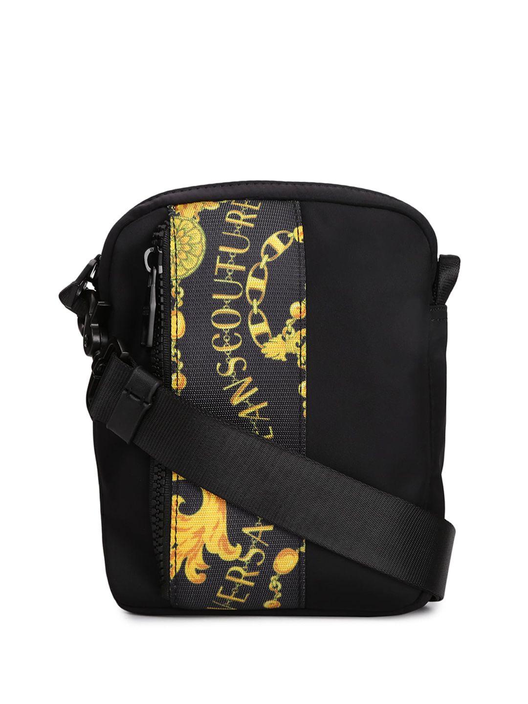 versace jeans couture black printed pu structured sling bag with cut work