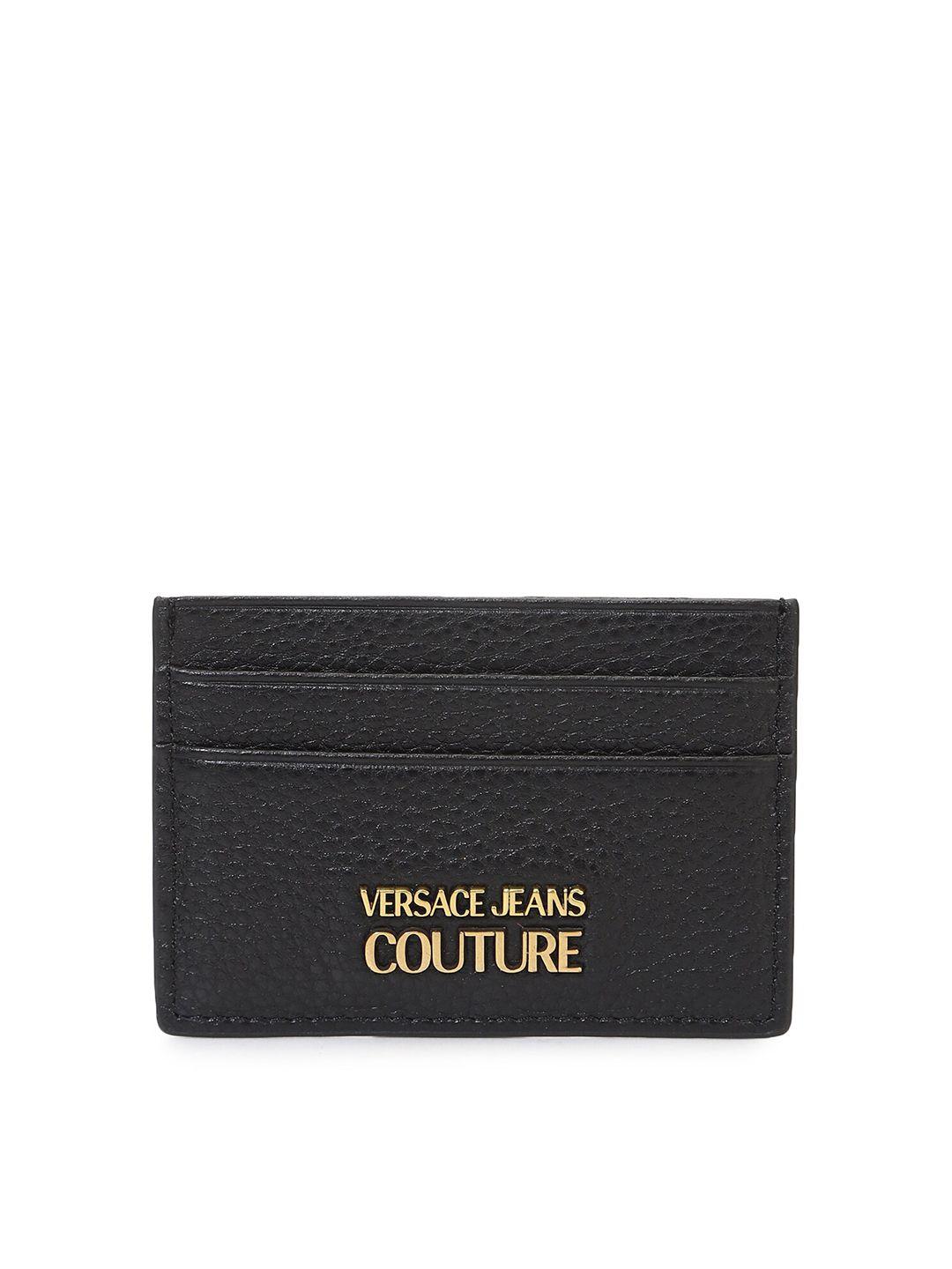 versace jeans couture men black & gold-toned leather card holder