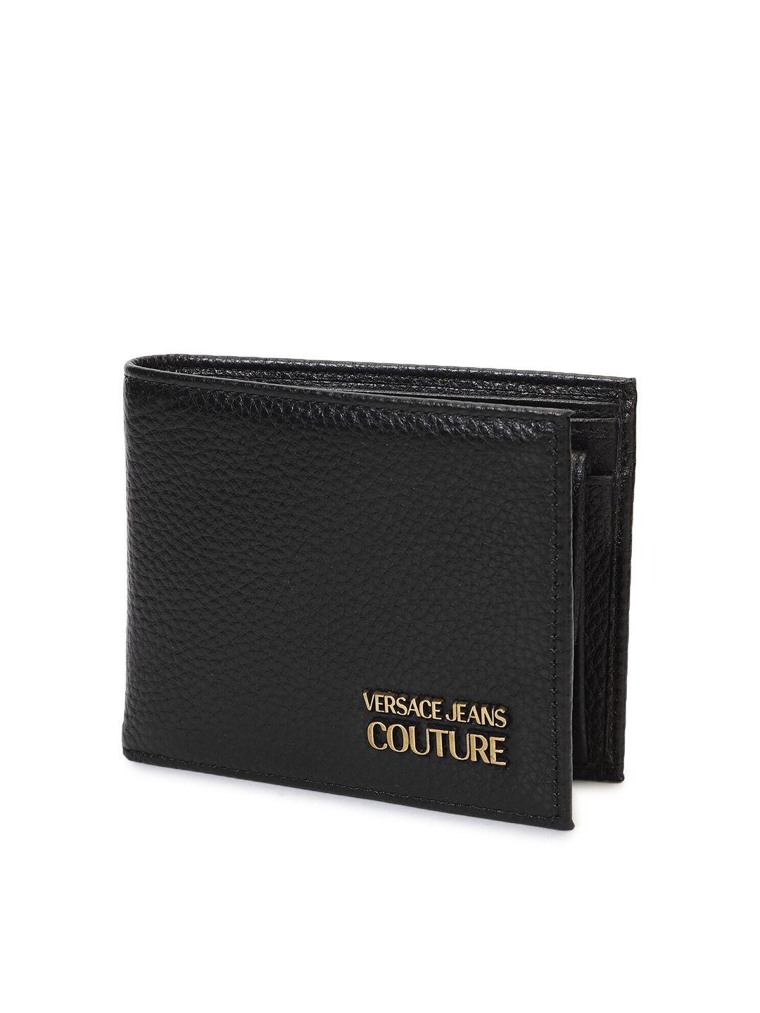 versace jeans couture men black & gold-toned textured leather two fold wallet