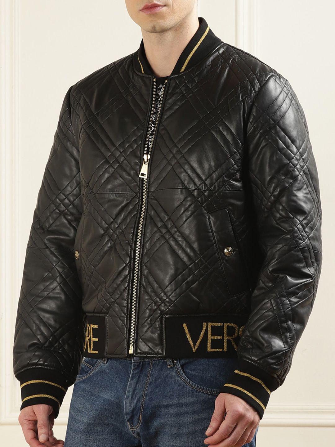 versace jeans couture men black leather longline biker jacket with patchwork
