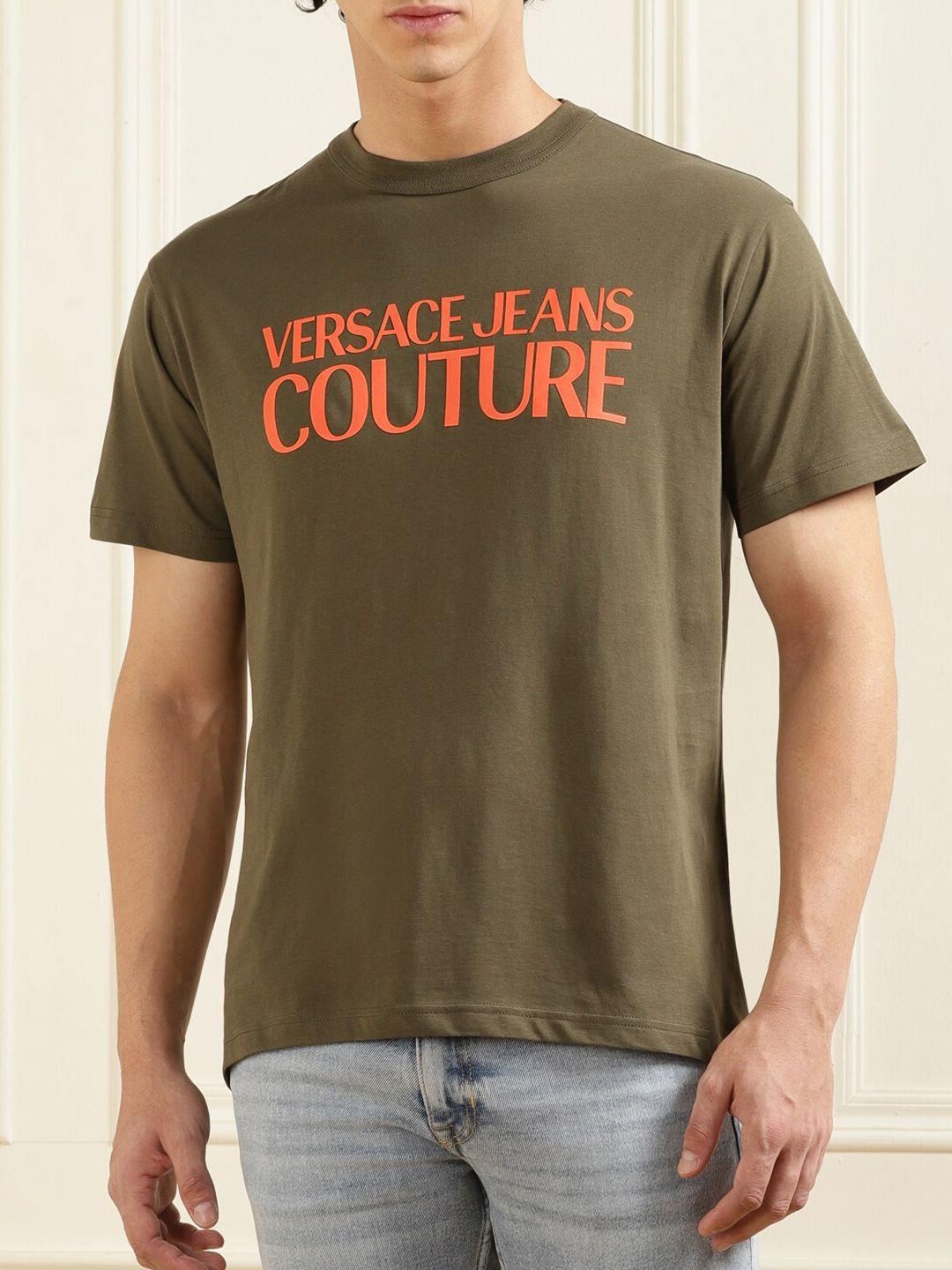 versace jeans couture men green typography printed v-neck pockets t-shirt