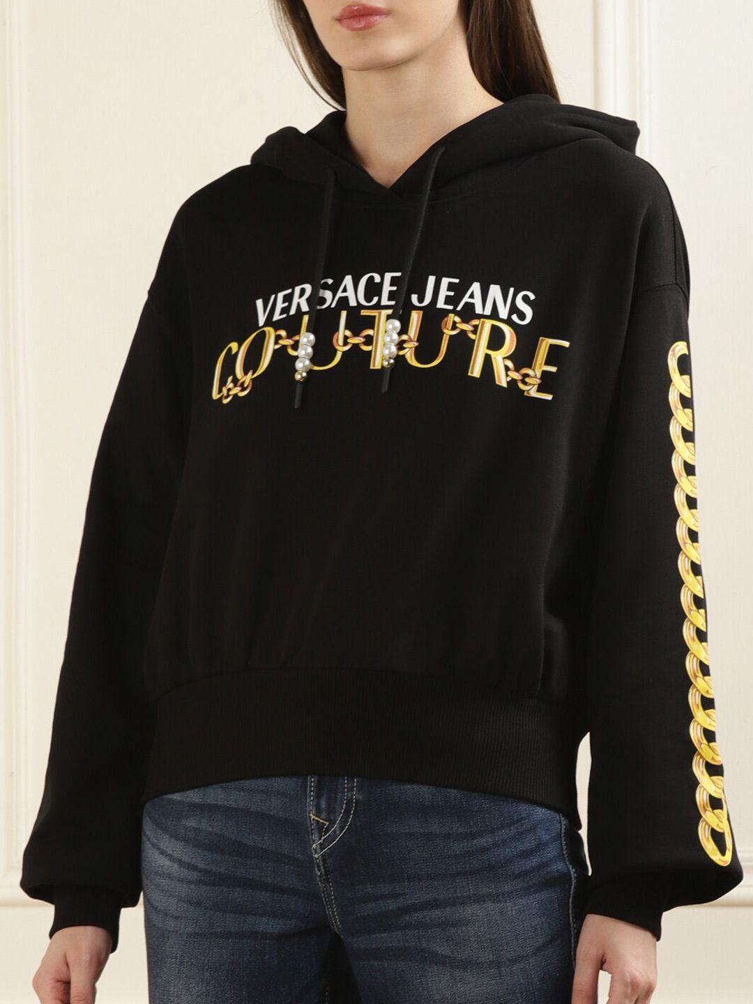 versace jeans couture typography printed hooded pure cotton pullover sweatshirt