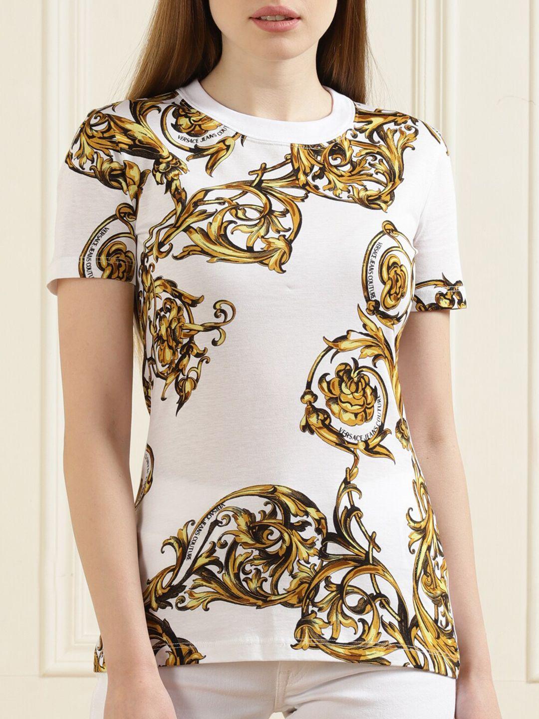 versace jeans couture white & yellow floral printed top