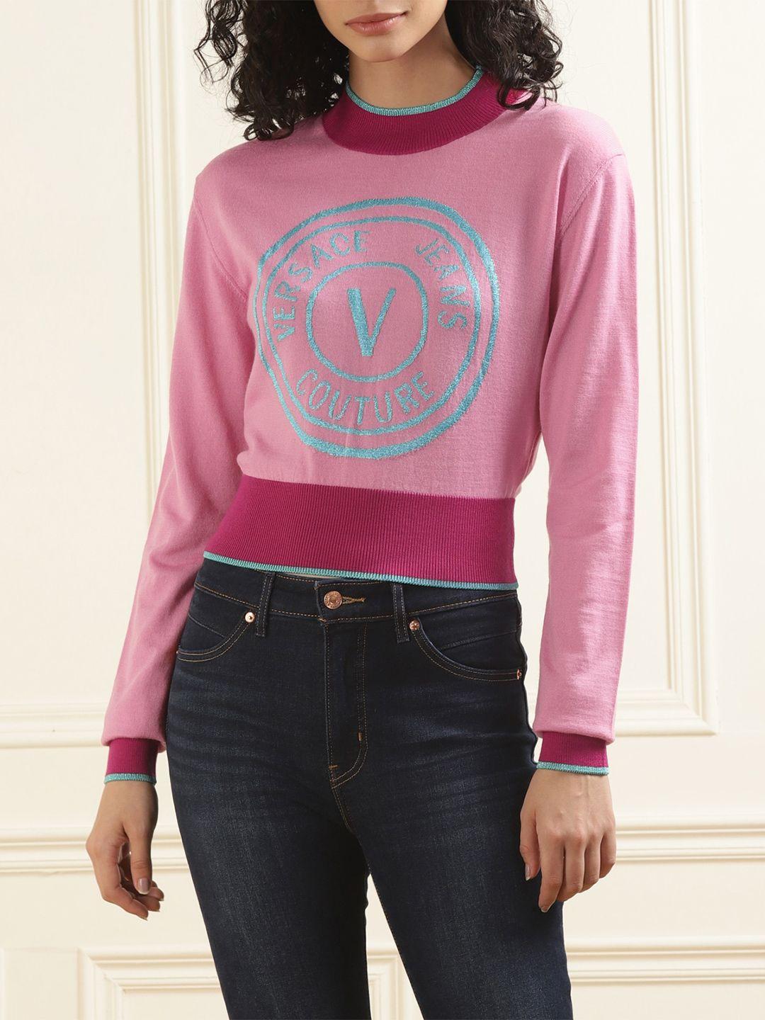 versace jeans couture women pink & blue typography printed crop wool pullover
