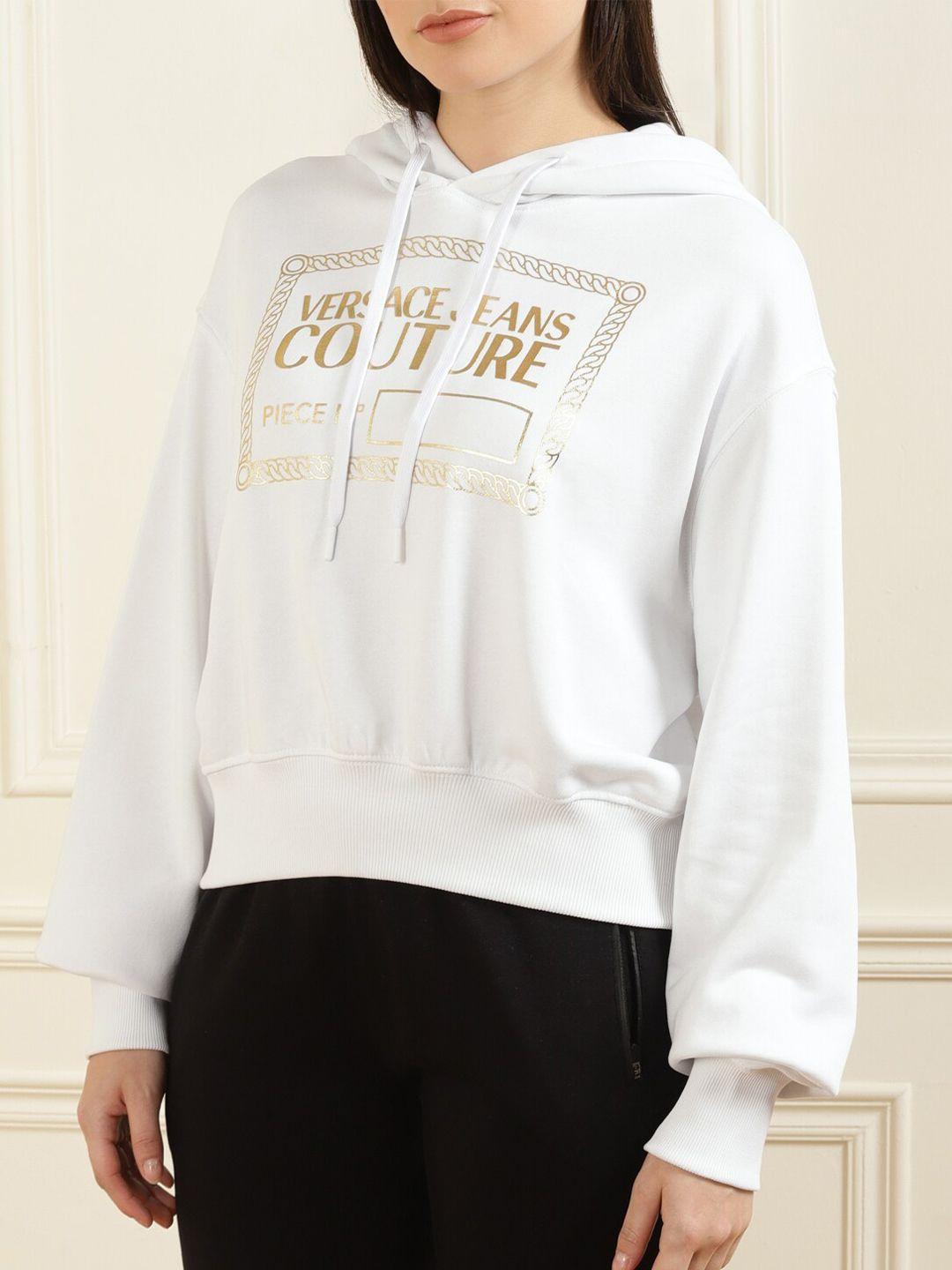 versace jeans couture women white vjc brand printed hooded pure cotton sweatshirt