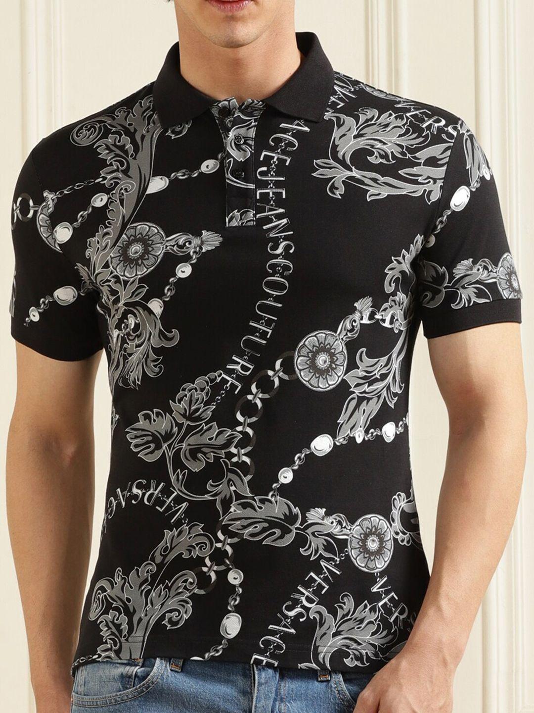 versace jeans couture men black printed polo collar pockets t-shirt