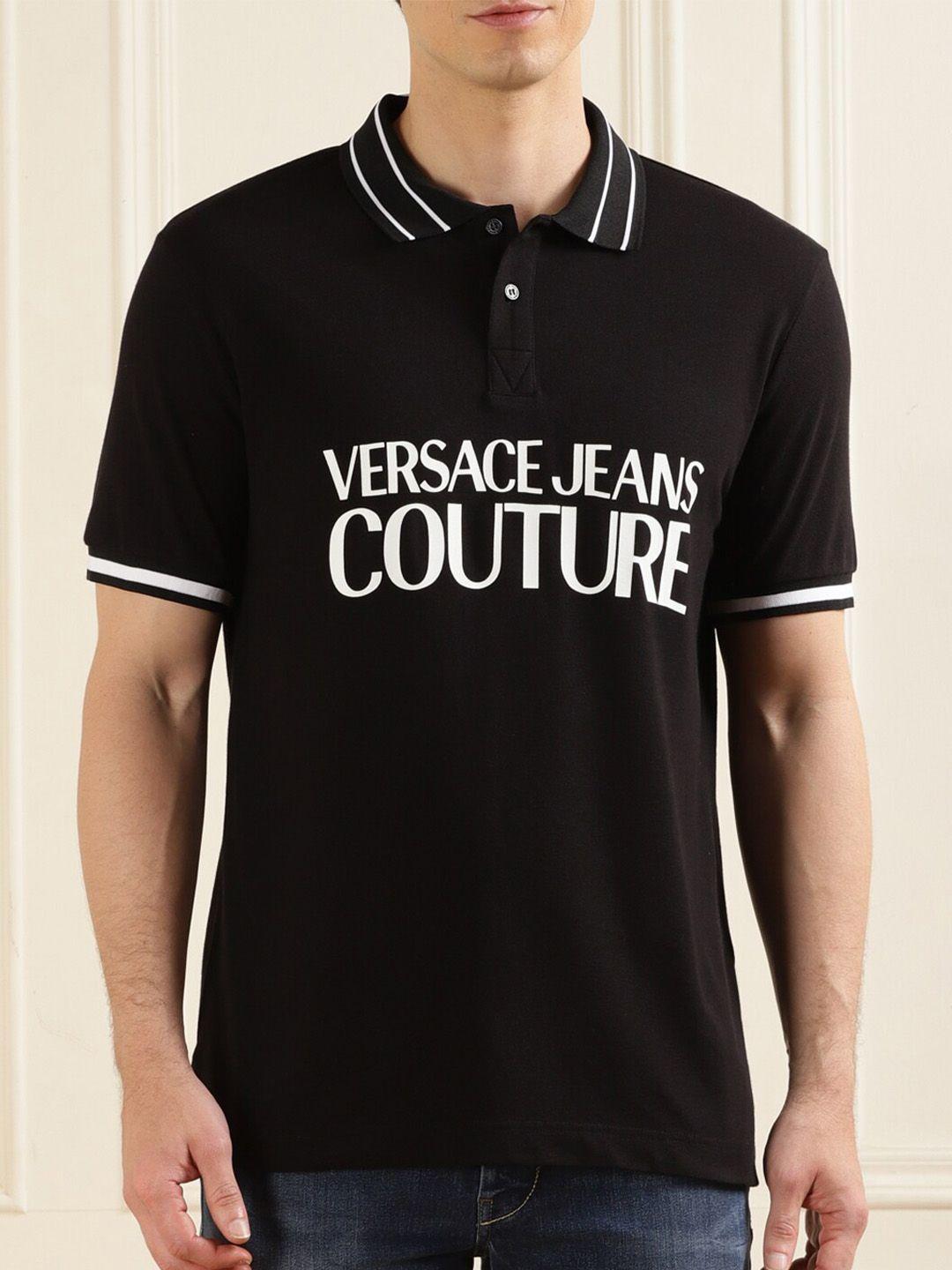 versace jeans couture men black typography polo collar applique t-shirt