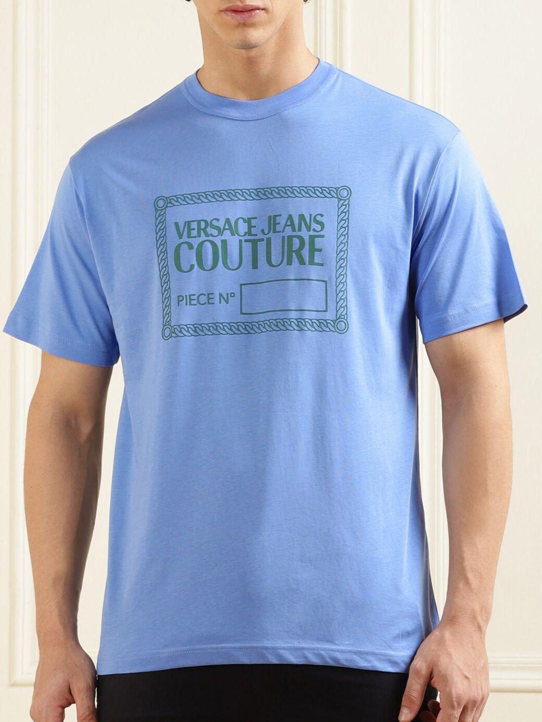 versace jeans couture men blue typography printed pockets t-shirt