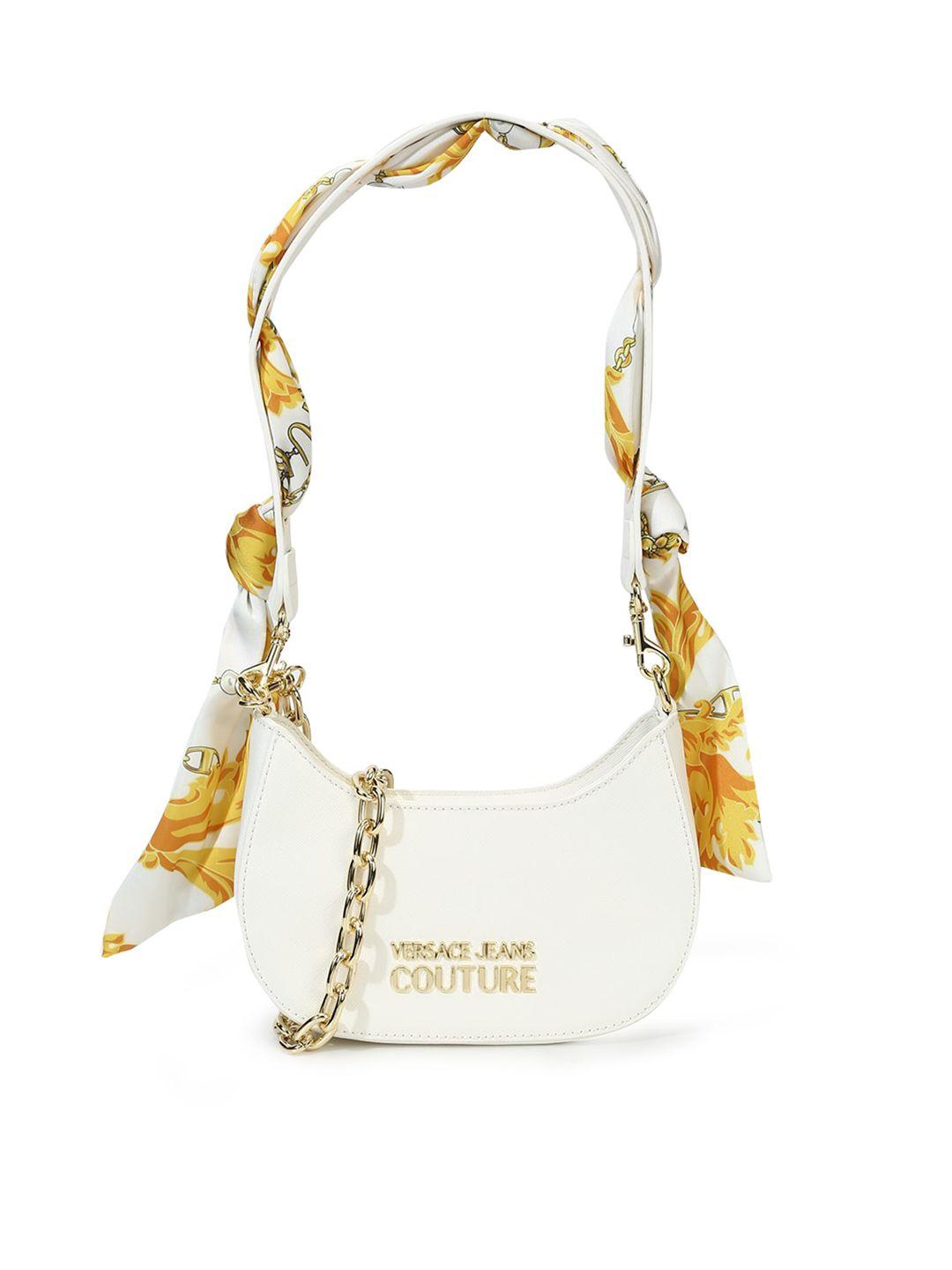 versace jeans couture white pu structured sling bag with tasselled