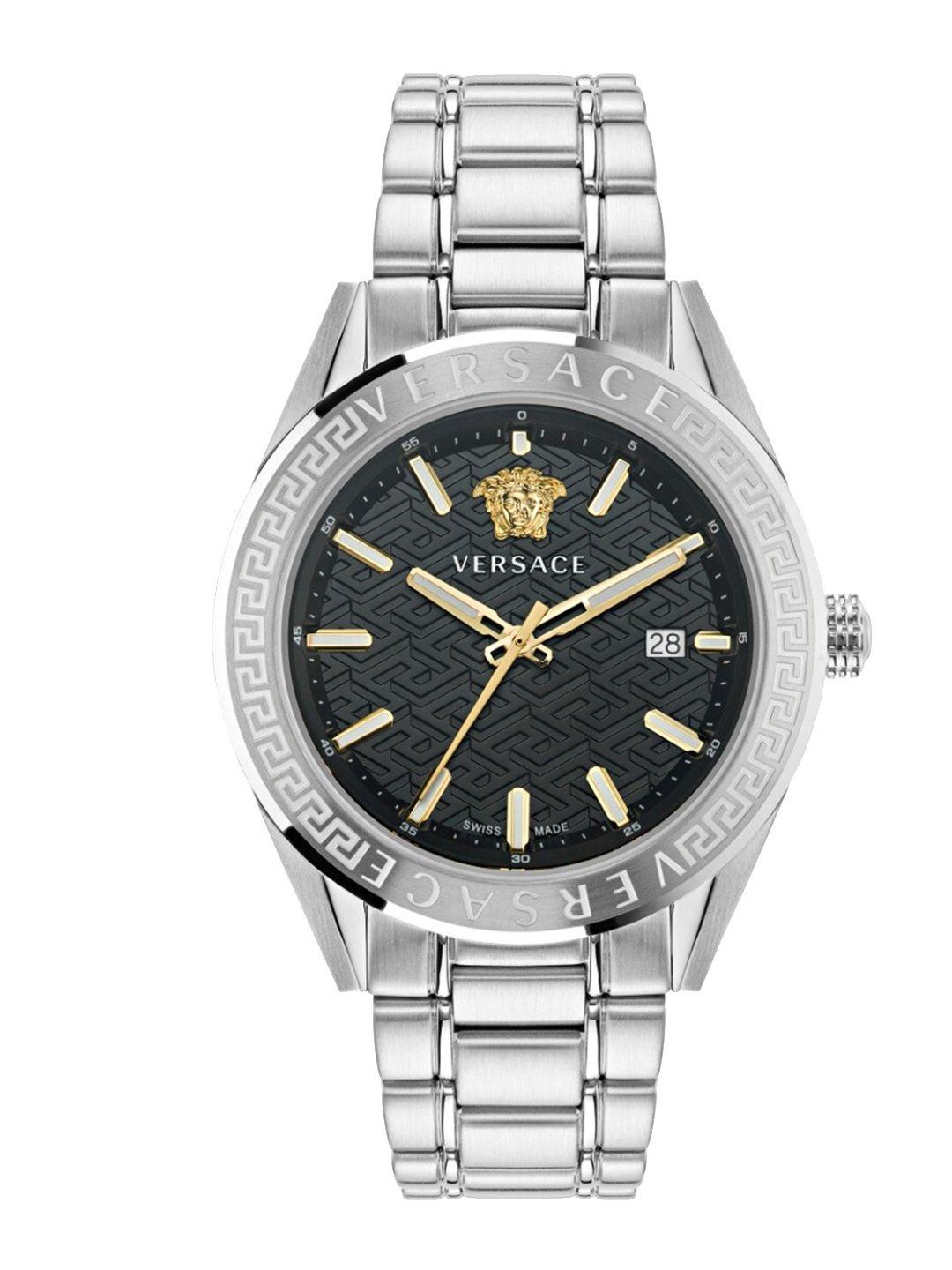 versace men textured dial & stainless steel bracelet style analogue watch ve6a00323