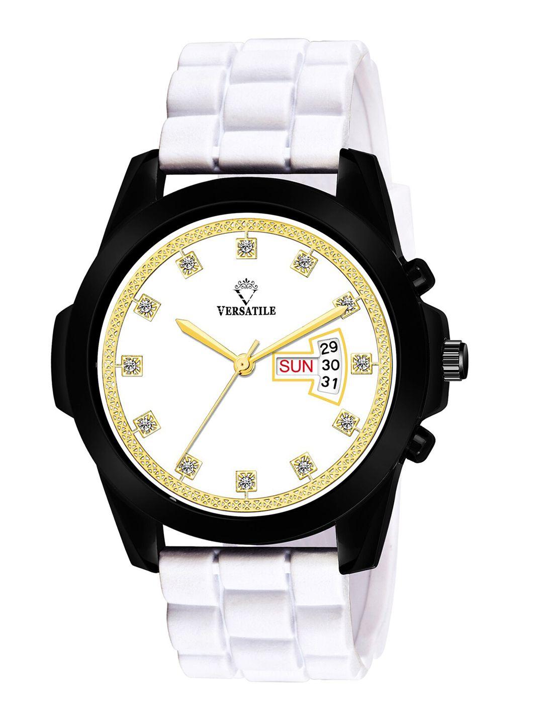 versatile unisex multicoloured brass mother of pearl dial & white bracelet style straps analogue watch