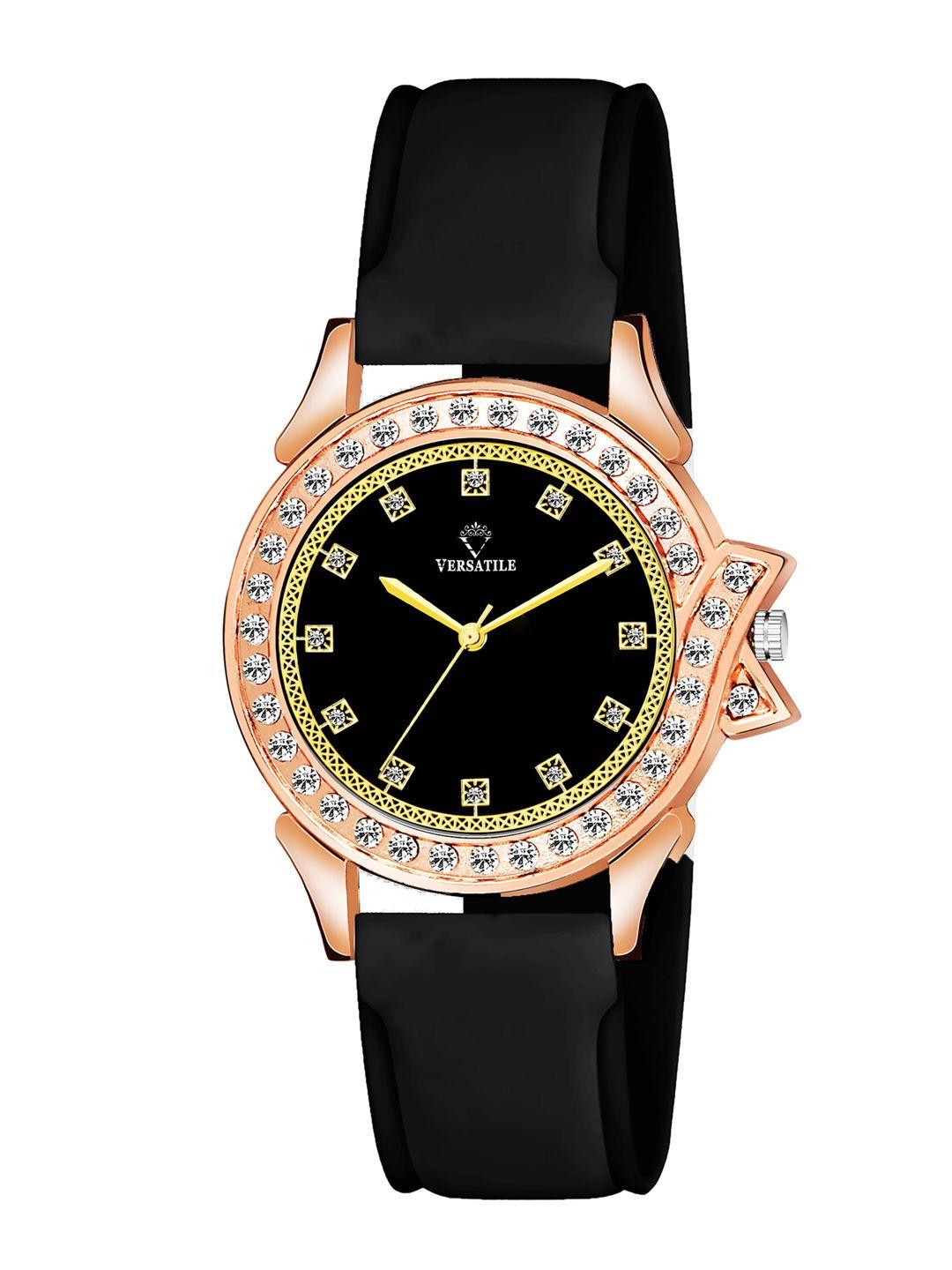 versatile women black brass embellished dial & black wrap around straps analogue watch black rover