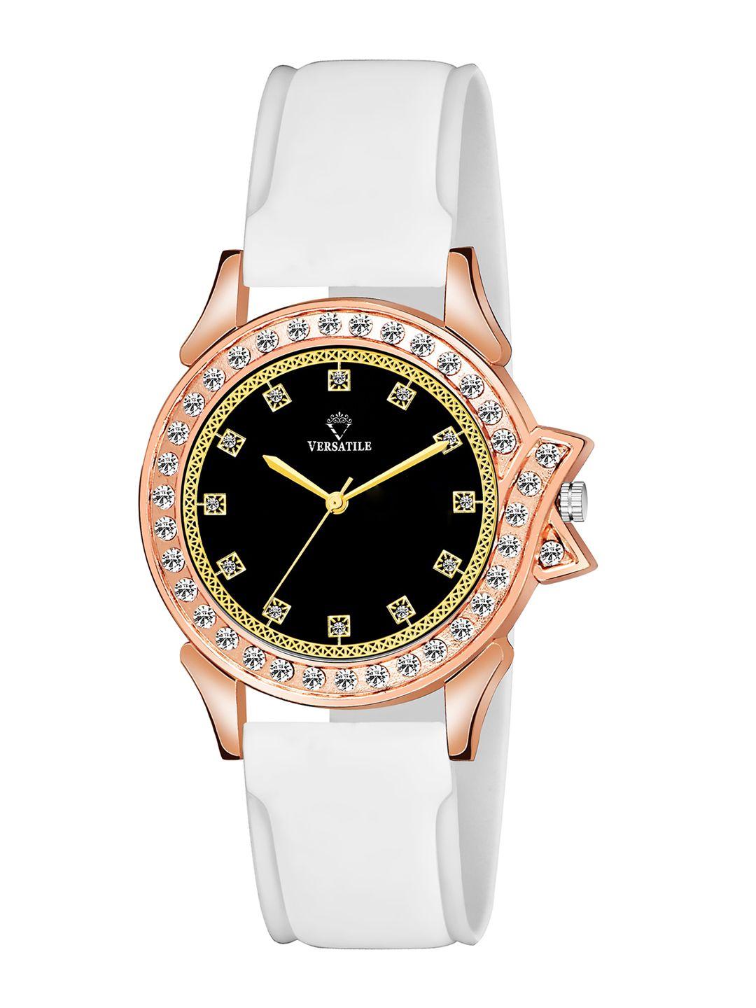 versatile women black brass embellished dial & white straps analogue watch