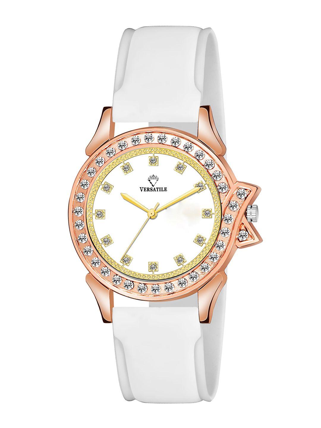 versatile women white brass embellished dial & white straps analogue watch