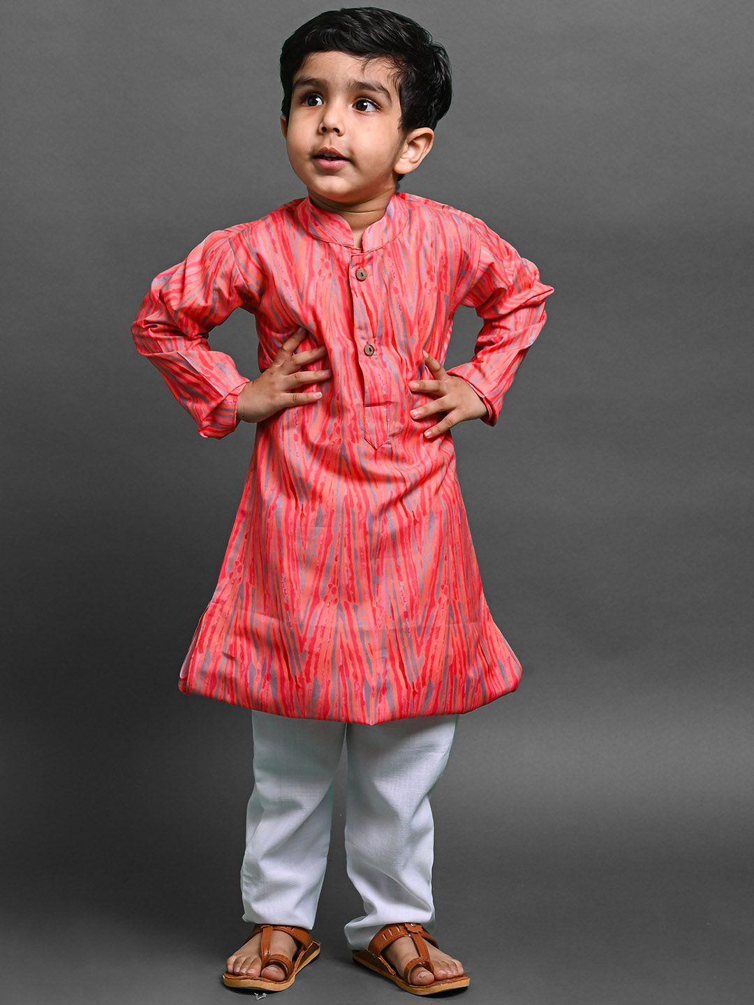 vesham boys abstracted printed mandarin collar straight silk blend kurta set