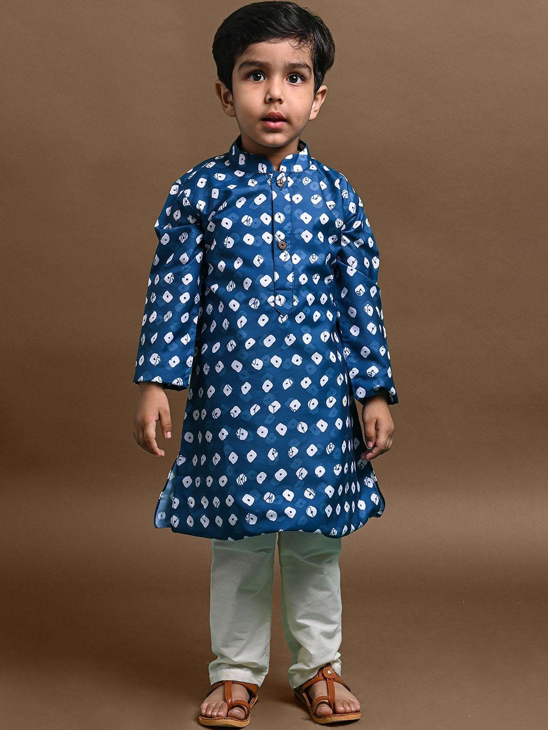 vesham boys bandhani printed mandarin collar straight silk blend kurta set