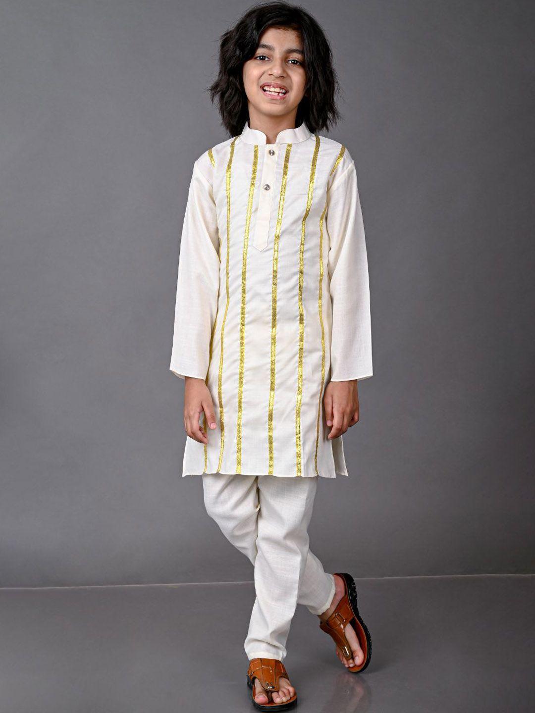vesham boys beige striped lace work kurta with pyjamas