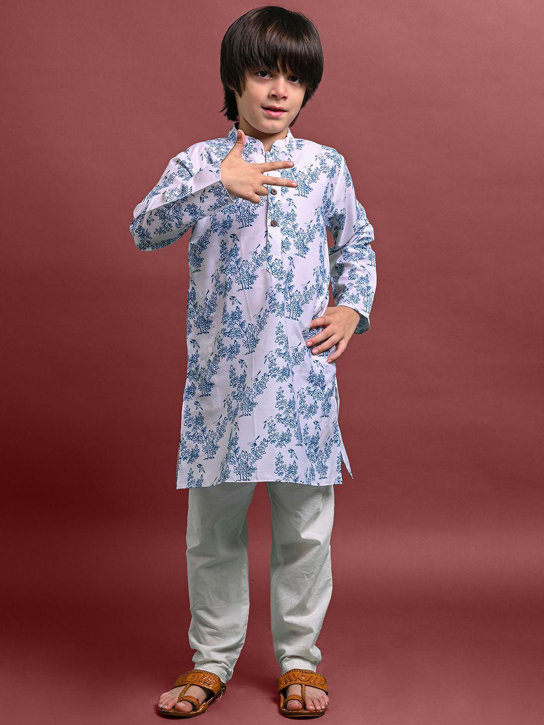 vesham boys floral printed mandarin collar long sleeve straight silk blend kurta set