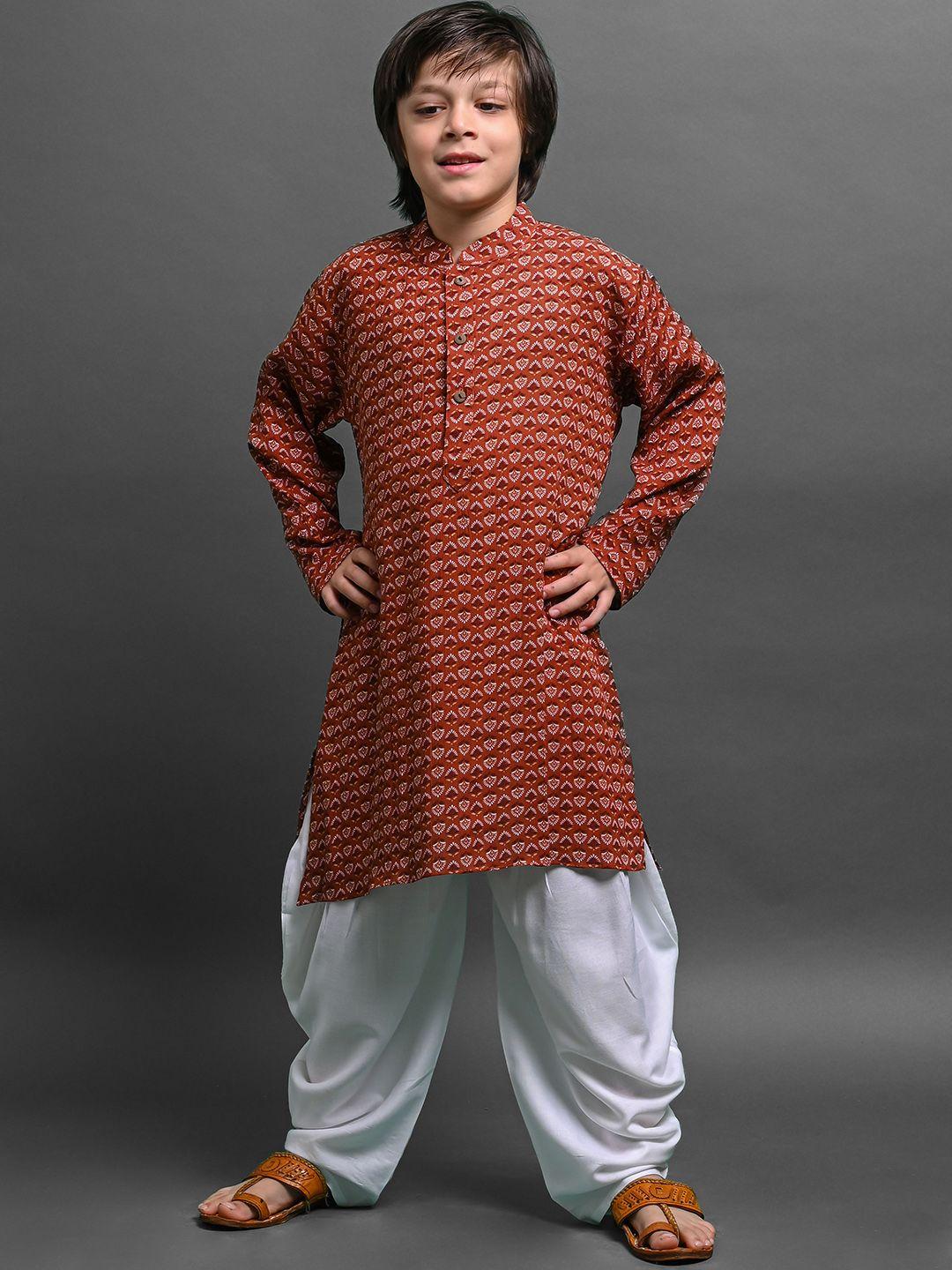 vesham boys floral printed mandarin collar straight silk blend kurta set