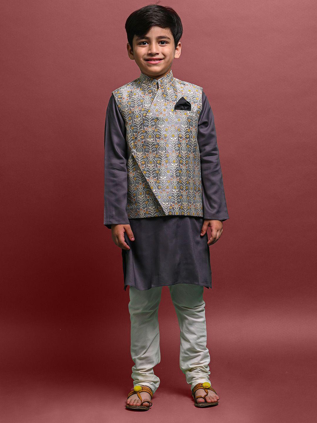 vesham boys floral self design kurta with churidar & nehru jacket