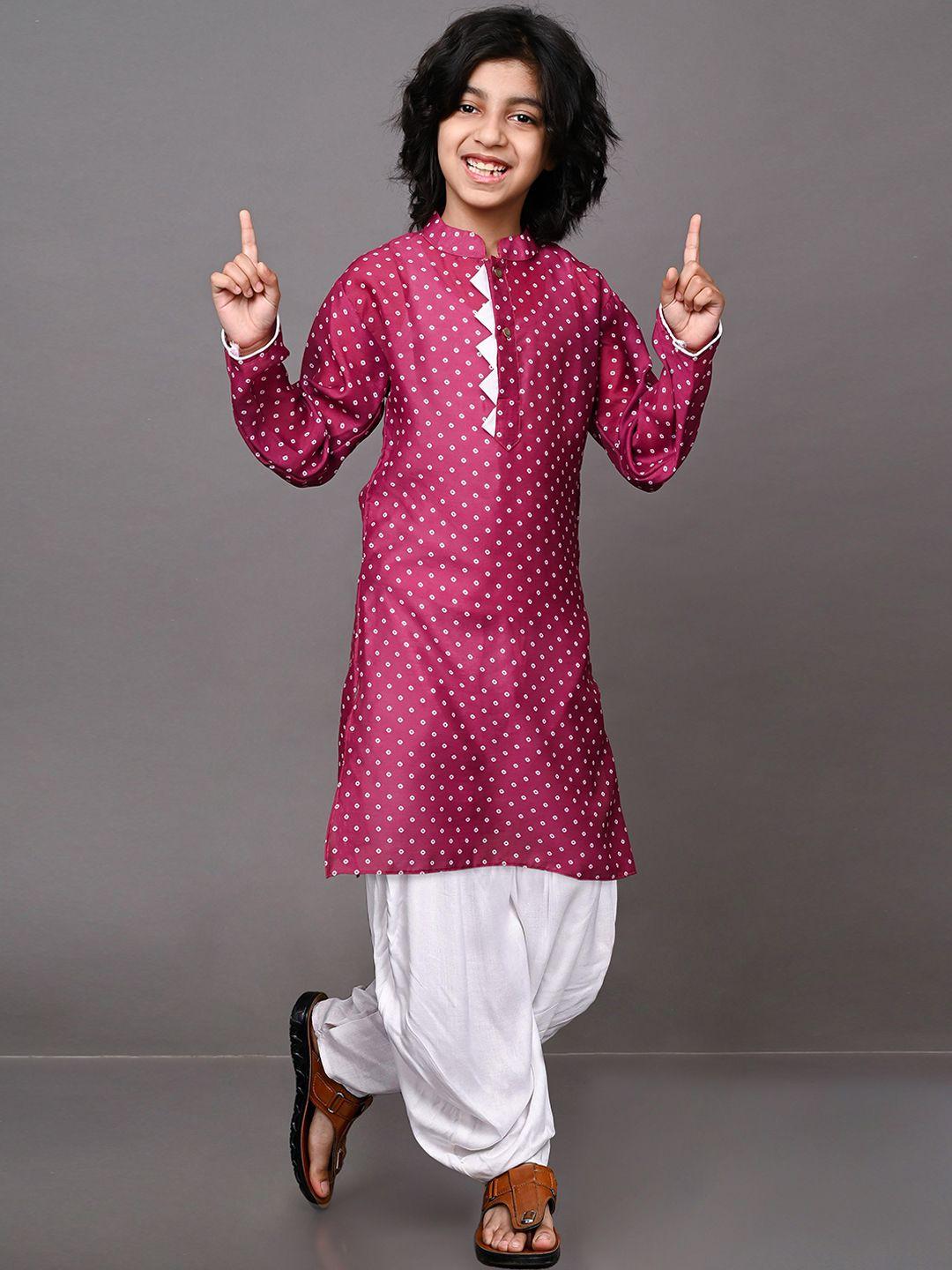 vesham boys magenta bandhani printed kurta with dhoti pant