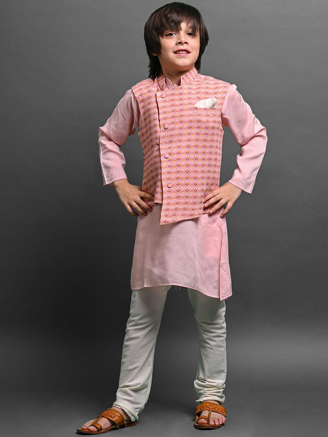vesham boys mandarin collar kurta with pyjamas & ethnic motifs printed nehru jacket