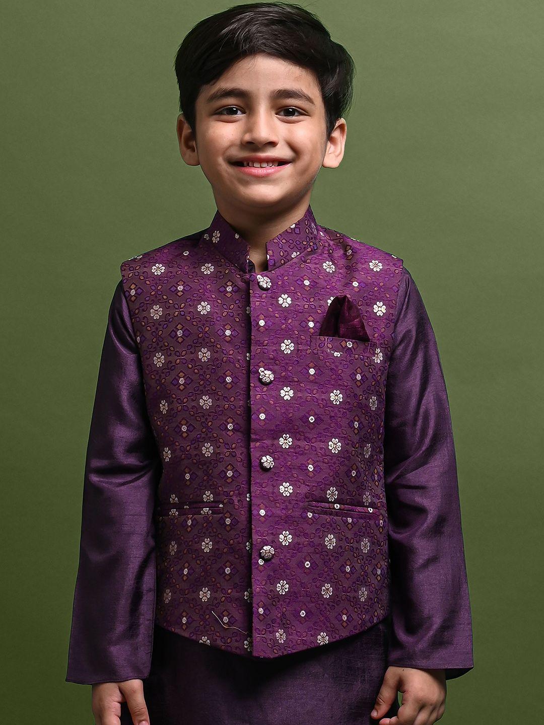 vesham boys regular kurta with pyjamas and woven design nehru jacket