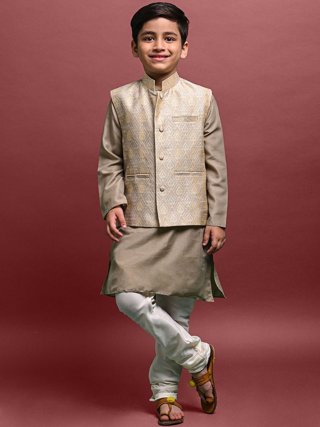 vesham boys straight kurta with pyjamas & ethnic motif printed jacket