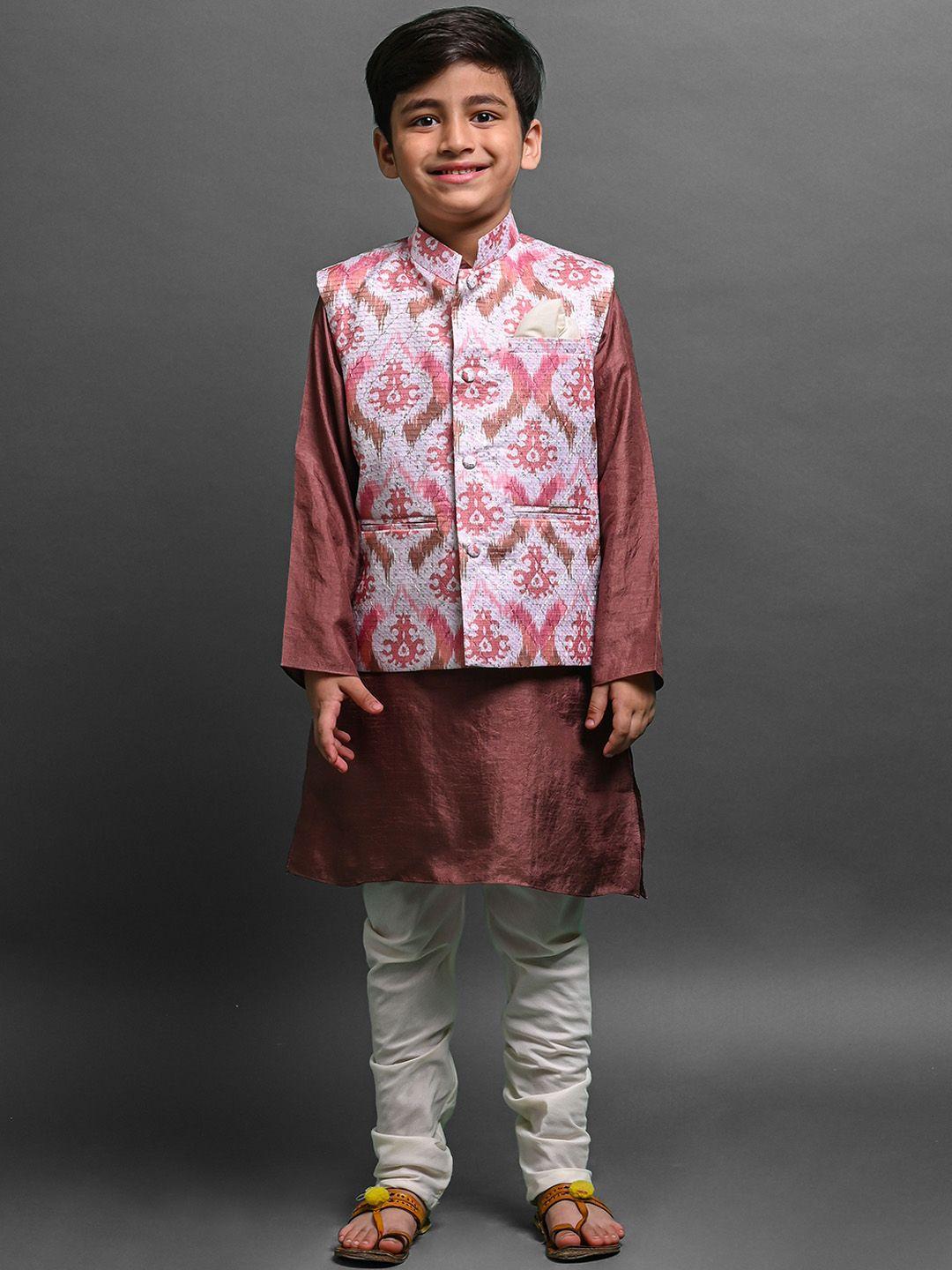 vesham boys straight kurta with pyjamas & ethnic motif printed jacket