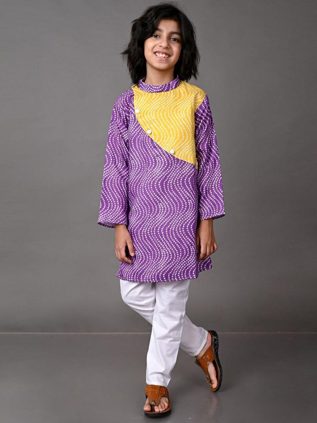 vesham boys violet bandhani printed layered kurta with pyjamas