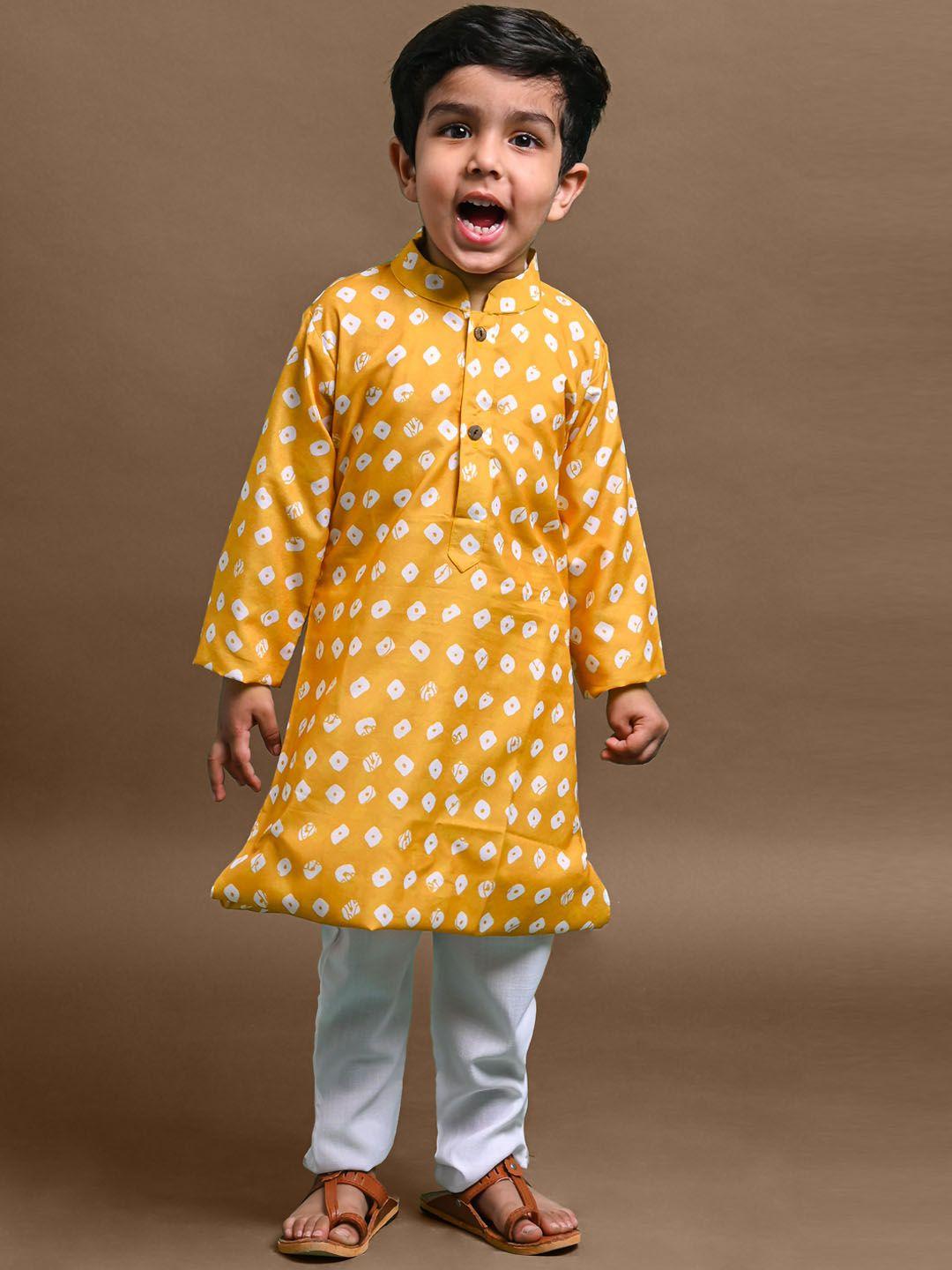 vesham boys yellow bandhani printed regular kurta with pyjamas