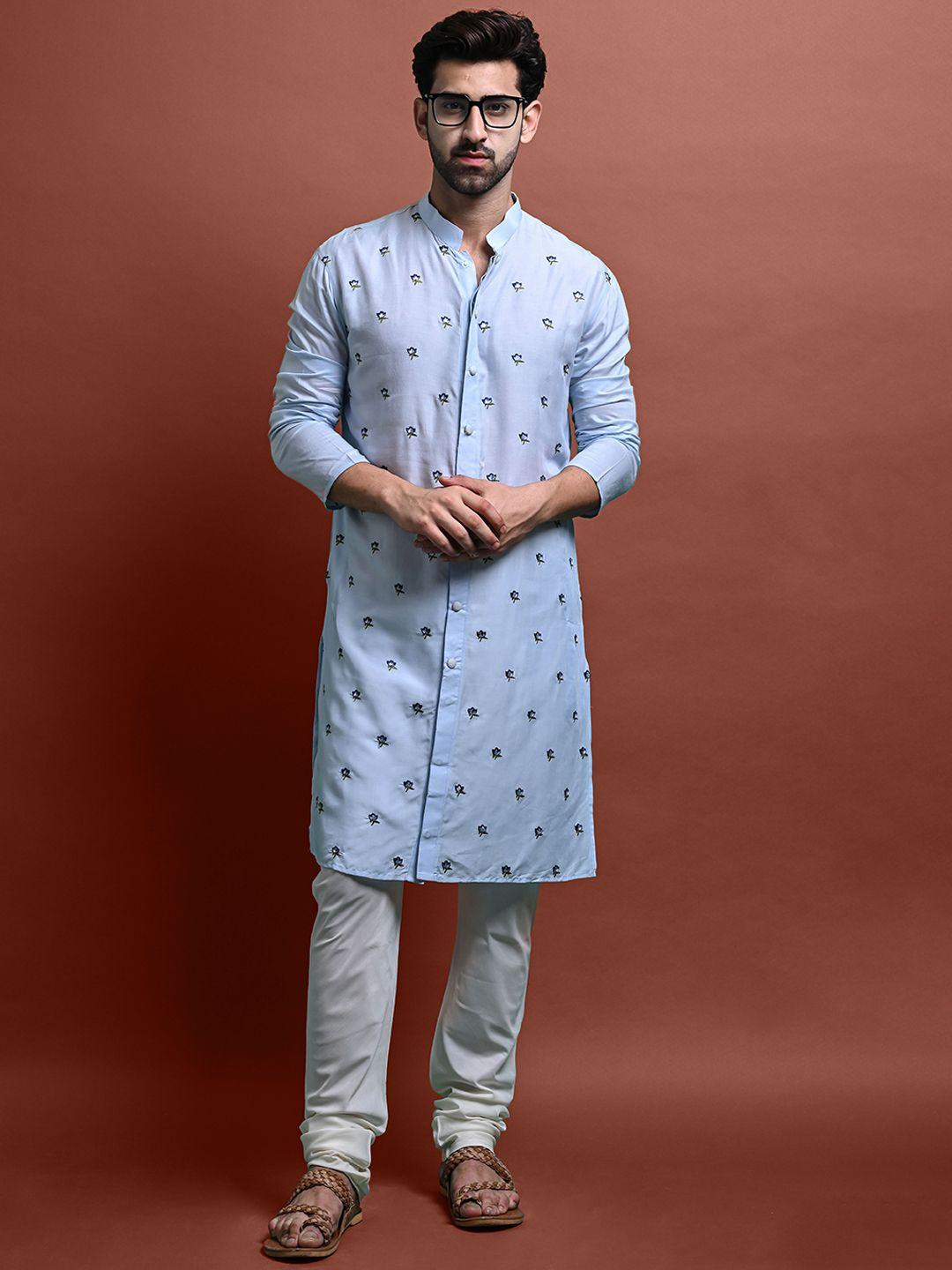 vesham floral embroidered mandarin collar thread work kurta with churidar