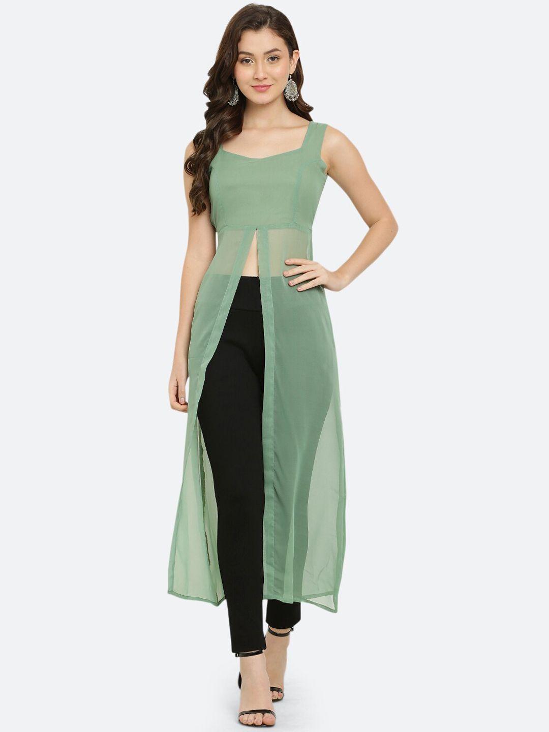 vesicle women sea green colourblocked thread work georgette kurta