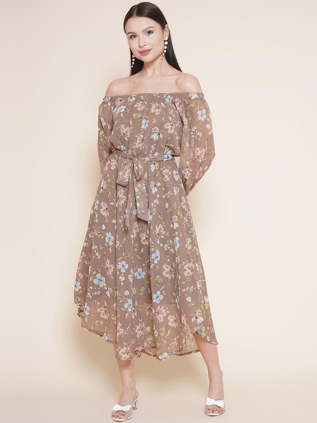 vestido modas floral printed off-shoulder puff sleeve fit & flare dress
