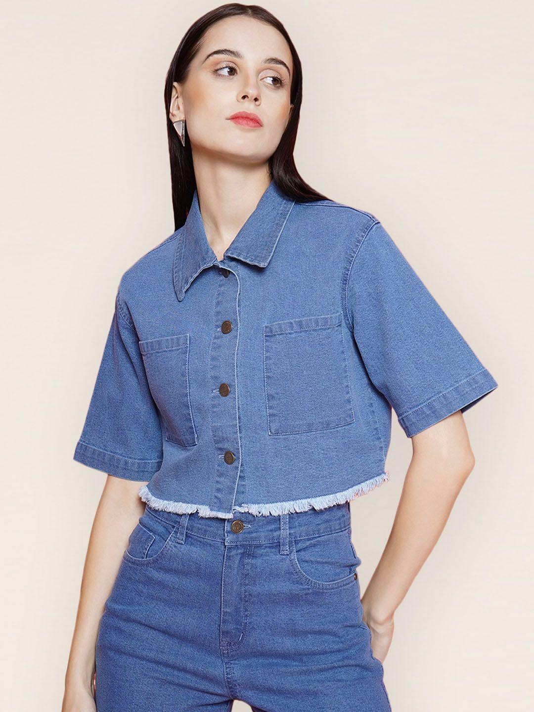 vestido modas button-down stretchable crop denim jacket