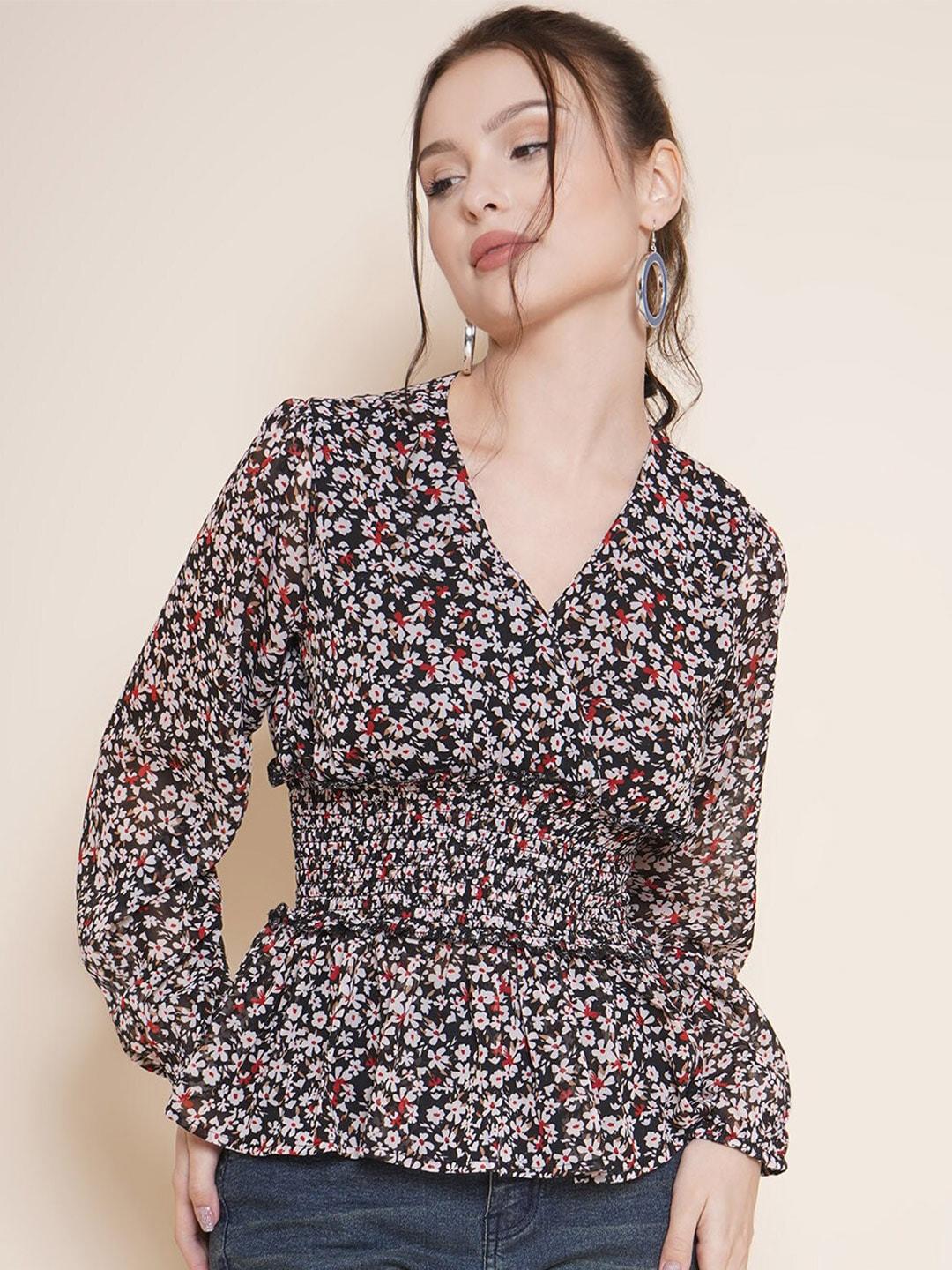 vestido modas floral printed georgette cinched waist top