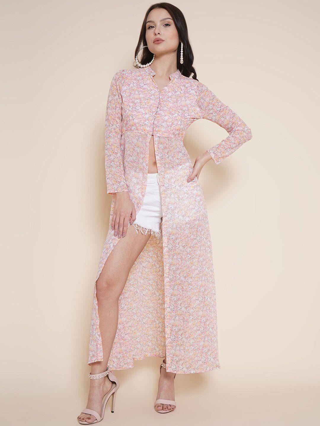 vestido modas floral printed mandarin collar georgette maxi longline top
