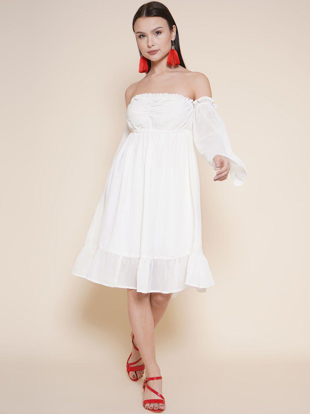 vestido modas gathered detailed off-shoulder bell sleeves fit & flare dress