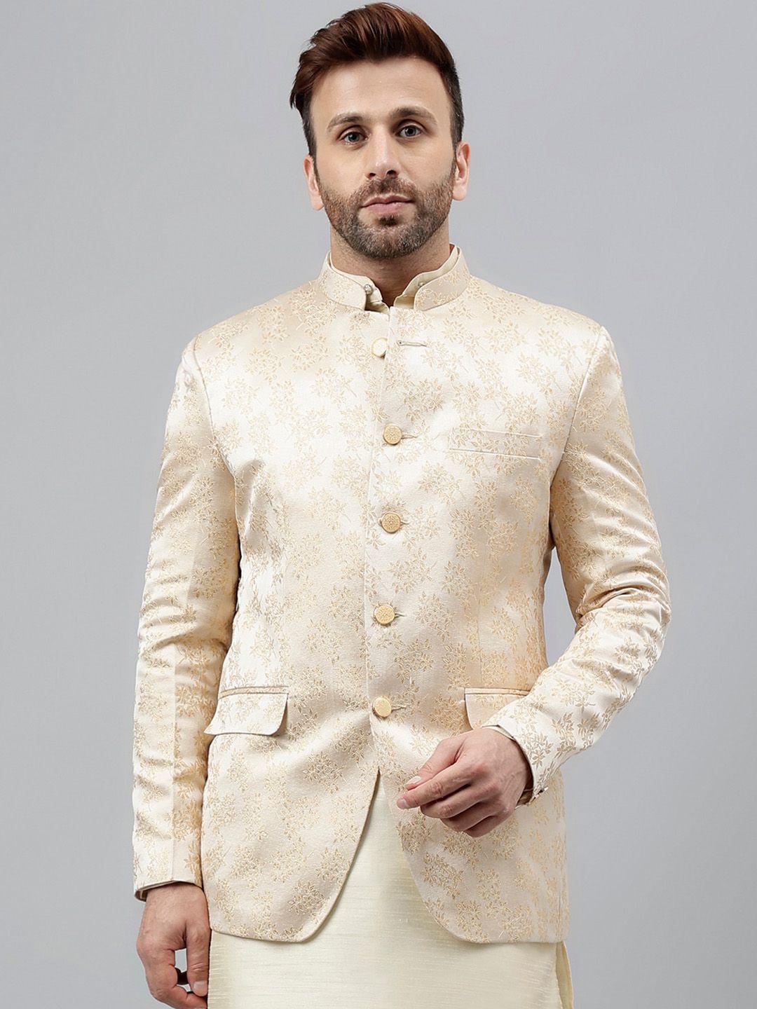 vgyaan floral woven design mandarin collar bandhgala blazer