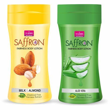vi - john women milk almond and aloe vera skin -ageing non greasy chemical free fairness extract saffron fairness body lotion , moisturizes skin upto 48 hour(pack of 2,250 ml each)